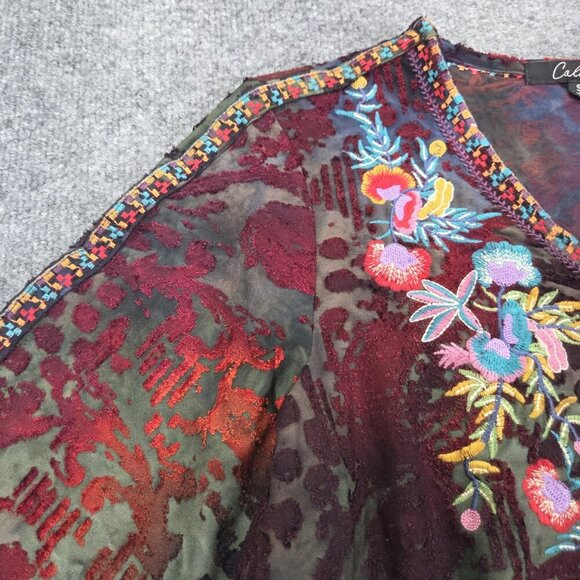 Caleaas Tunic Womens Small Multicolor Boho Burnout Velvet Floral Embroidered Top - Picture 4 of 16